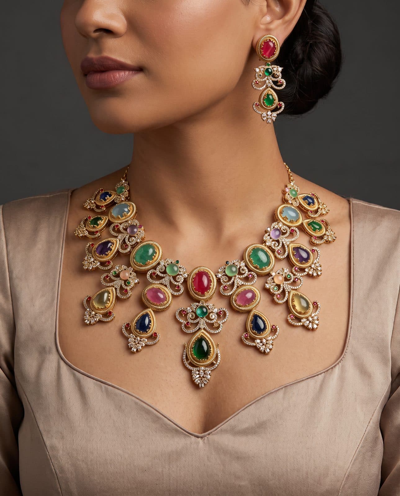 Mehrab Cabochon Bib Set — model view
