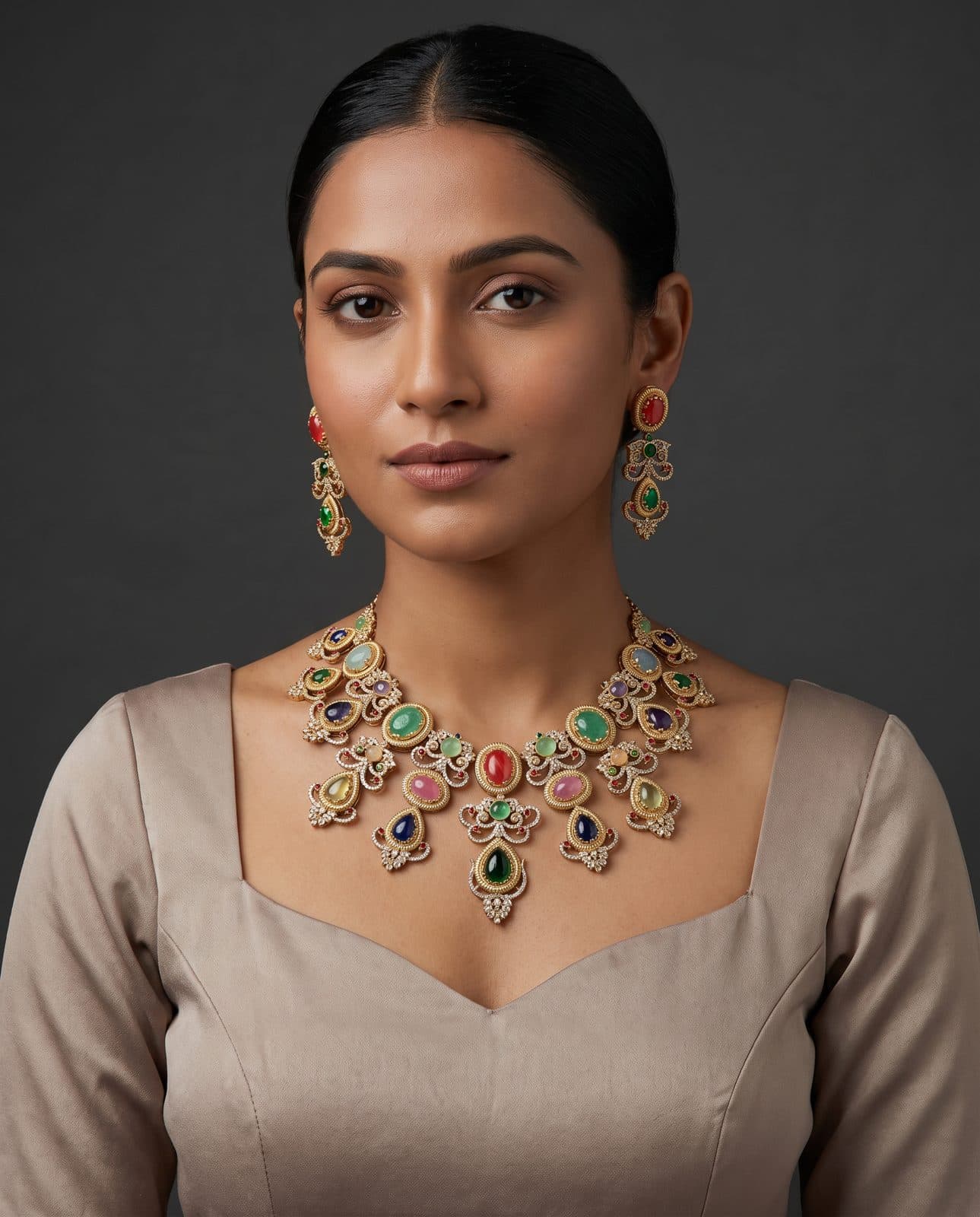 Mehrab Cabochon Bib Set — model view